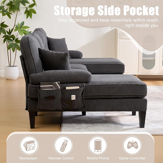 100'' U-Shaped Sectional Sofa with Double Chaise Minimalist 4-Seater Couch with 2 Pillows Sofa Set with Arm &amp 2 Side Pocket for Living Room Apartment (Grey)