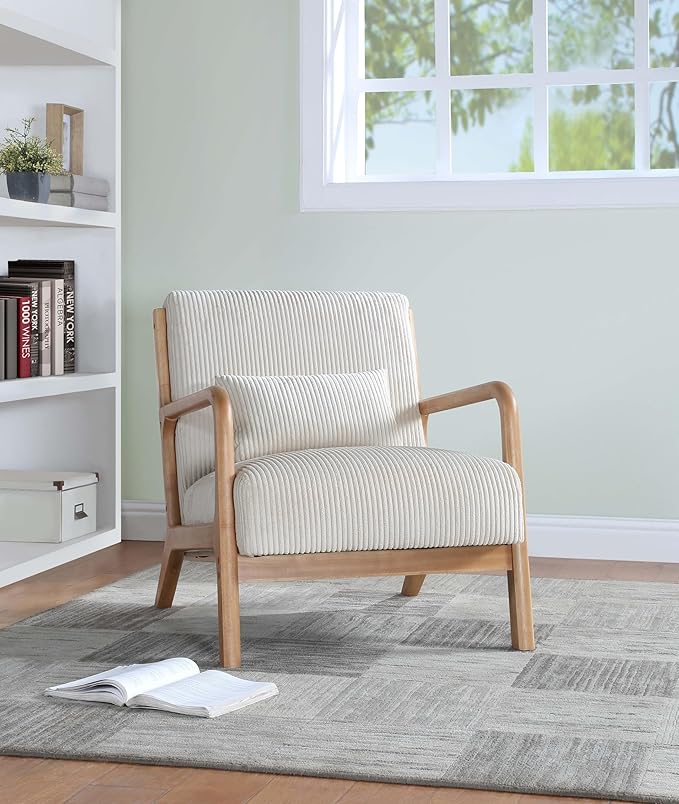 Wooden Accent Arm Chair Mid Century Armchair Comfy Modern Corduroy Accent Chair Boho Arm Chair with Pillow for Bedroom Lounge Living Room (Beige)