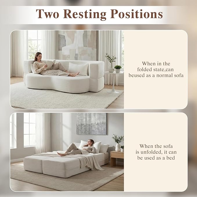 Convertible Sofa Bed 78'' Queen Size Folding Sleeper Sofa with Pillow 2-in-1 Teddy Fabric Boneless Loveseat Floor Couch &amp Mattress for Living Room Guest Room No Assembly Required (White)
