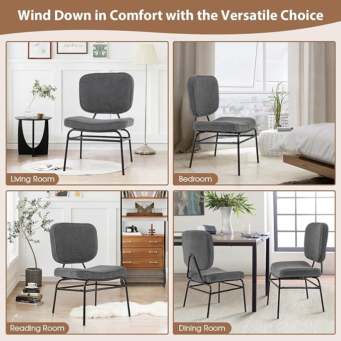Giantex Modern Armless Accent Chair Set of 2 Sherpa Reading Chair w/Sponge Padding Adjustable Foot Pads &amp Metal Frame Upholstered Side Chair for Living Room Bedroom &amp Reading Room Grey