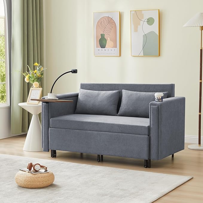 ORRD Pull Out Sofa Bed 2-in-1 Multi-Functional Sleeper Couch Small Loveseat Bed with Hidden Side Table Phone Holder and Cup Holder for Living Room Small Space Apartment (Grey)