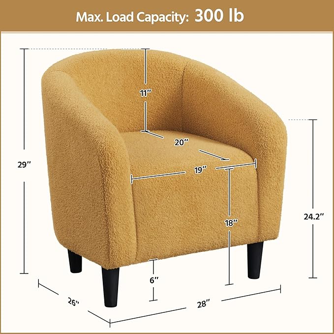 Yaheetech Accent Barrel Chair Boucle Fabric Club Chair Furry Sherpa Elegant and Cozy Soft Padded Armchair for Living Room Bedroom Reception Room Office Mustard Yellow