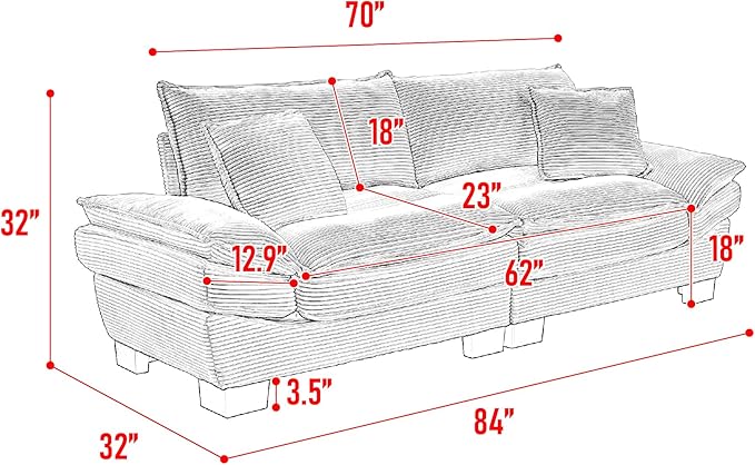 KEIKI Loveseat Sofa 84 Corduroy Upholstered Couch with Deep Seat and 2 Pillows Modern Loveseat Sofa Couch for Small Spaces Living Room Apartment Office Grey