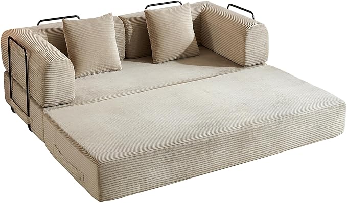 Convertible Boneless Lounge Couch Comfy Floor Sofa Bed for Bedroom Corduroy Floor Sofa with Armrest Floor Couch Bed for Living Beige