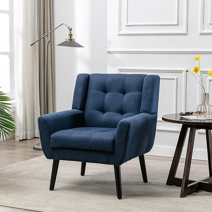 SSLine Linen Accent Arm ChairMid-Century Modern Upholstered Wingback Single Sofa Armchair Club Chair with Solid Wood Legs Thick Cushion for BedroomReadingLiving Room Chair (Blue)