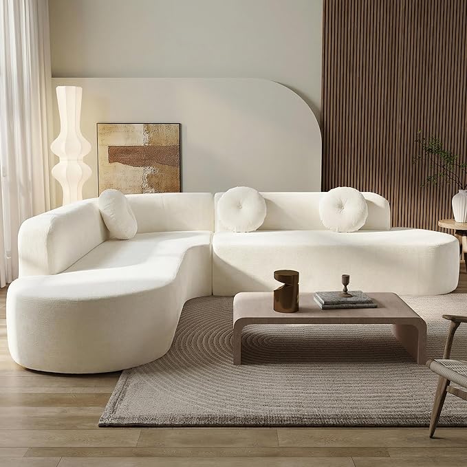 Mirod 122'' Extra Large Sectional Sofa Soft Fabric Upholstery Elegant Curved Design with Three Round Cushions Supportive Comfort Foam for Ultimate Relaxation (Beige@040)