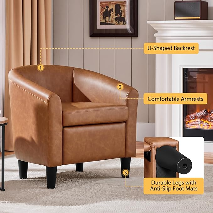 Topeakmart Leather Accent Chair PU Leather Modern Barrel Chair Club Armchair with Soft Padded for Living Room Bedroom Brown Set of 2