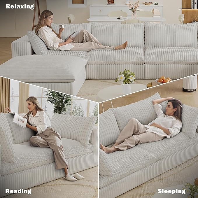 157.6 Modular Sectional Sofa Cloud Couch with Ottoman Modern Fluffy Boneless Couch Deep Seat Upholstered Sofa for Living Room Furniture Bedroom and Apartment (White 4S &amp L Shape) | Plush Cord