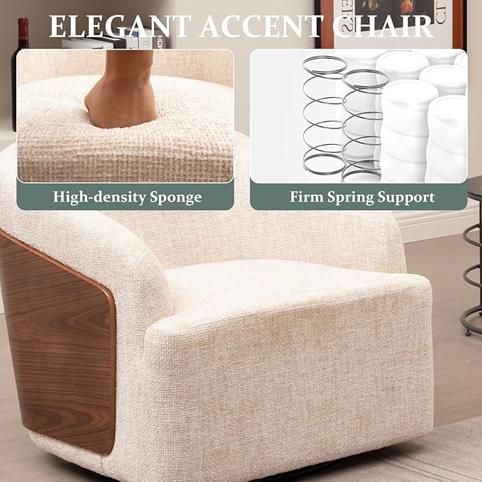 Swivel Accent Chair Linen Swivel Barrel Chair Comfortable Mid Century Modern Chair Upholstered Metal Base Armchair for Living Room Bedroom Office Large Vintage White
