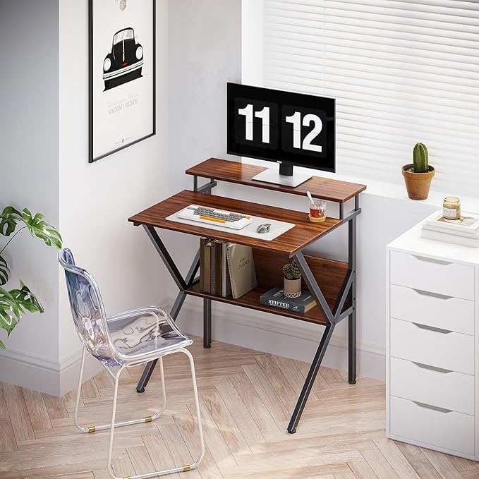 ODK Small Desk 27.5 Inch Computer Desk for Small Spaces Kids Desk with Storage Study Table with Monitor Stand for Homeschool Deep Brown