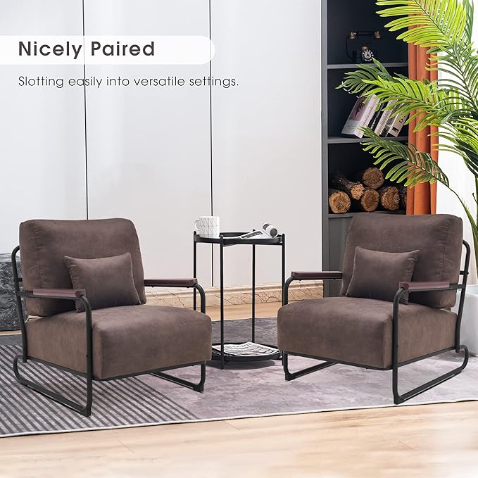 MCombo Modern Accent Chairs Upholstered Reading Chair Wooden Armrests Guest Chair for Living Room Bedroom Office HQ102 (1 Brown)
