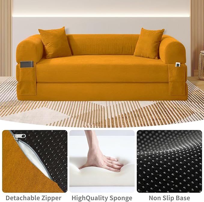 KBQ 3-Seat Convertible Sleeper Sofa Bed with 2 Pillows Corduroy Folding Mattress Couch Floor Sofa Lounge Couch for Living Room Bedroom Lounge Studio Yellow