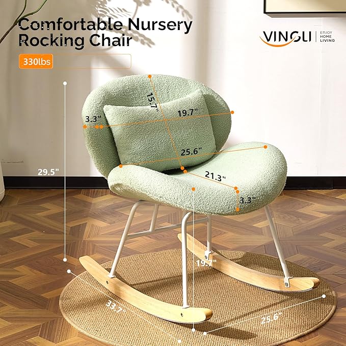 VINGLI 25.6 Extra Wide Nursery 115° Armless Rocking Chair Curved Cute Cross-Legged Glider Chair with Pillow &amp Solid Wood Nursing Chair for Bedroom Living Room Teddy Fleece Mint Green
