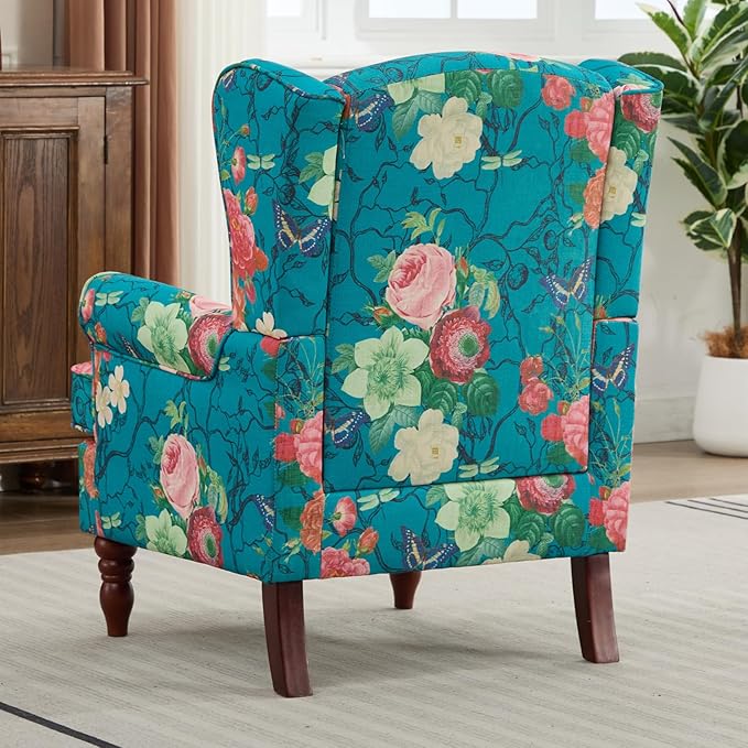 Wing Back Accent Chair Patterned Mid-Century Upholstered Linen Fabric Armchair Single Sofa with Wood Legs for Living Room Patio Cyan.