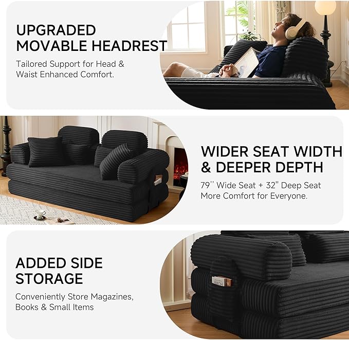 79 Sofa Bed Deep Seat 32 Sleeper Sofa 5-in-1 Convertible Sofa Bed Boneless Couch in a Box Corduroy Floor Futon with Thickened backrest and Headrest Pillows Side Pockets Black