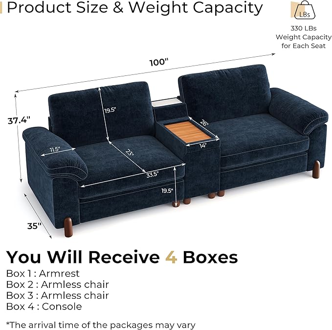 SITJOY 100 Oversized Sectional Couches for Living Room Extra Large Deep Seat Couch with Washable Covers Versatile Console Charging Ports Storage and Cupholders Loveseat Chenille in Blue