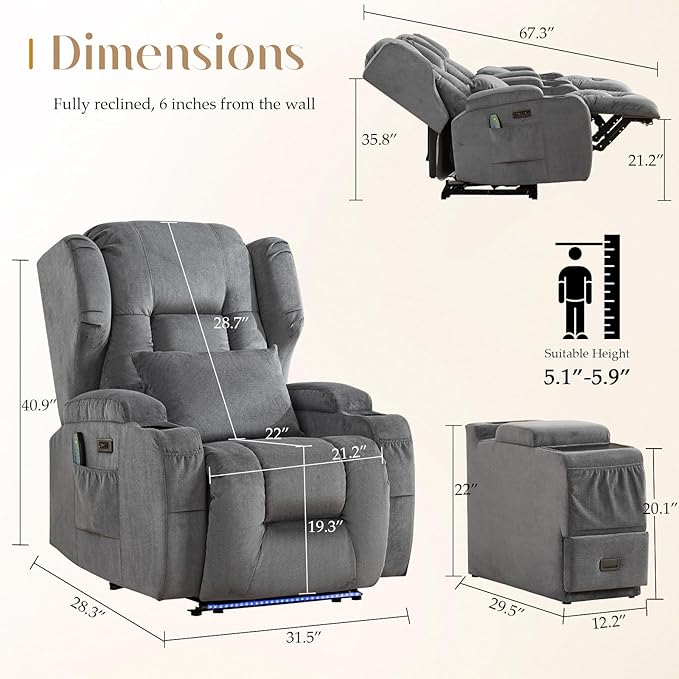 Wall Hugger Power Recliner Chair with Massage &amp Heat Electric Home Theater Reclining Chair with Cup Holder USB Port LED Light Linen Living Room Chair (Grey Single)