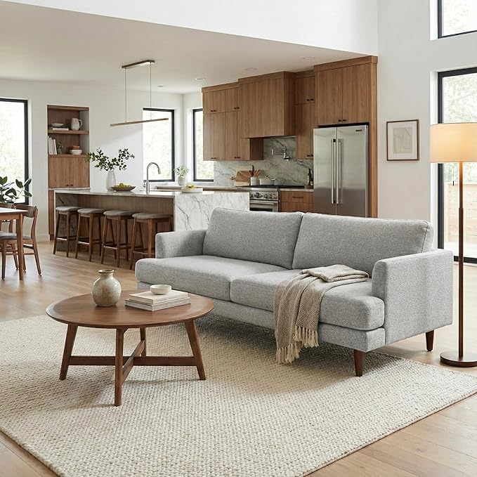 SIMPLIHOME Livingston 90-inch Wide Sofa in Mist Grey Woven-Blend Fabric Handcrafted Mid-Century Modern Oversized 3-Seater Couch Sofa for Living Room or Family Room Solid Wood Frame