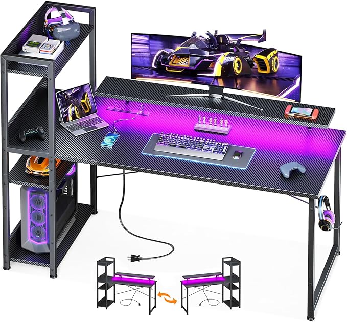 ODK Reversible 55 Inch Gaming Desk with USB Charging Port and LED Lights Computer Desk with Storage Shelves and Monitor Stand Study Table for Home Office Morden Desk for Bedroom Carbon Fiber Black