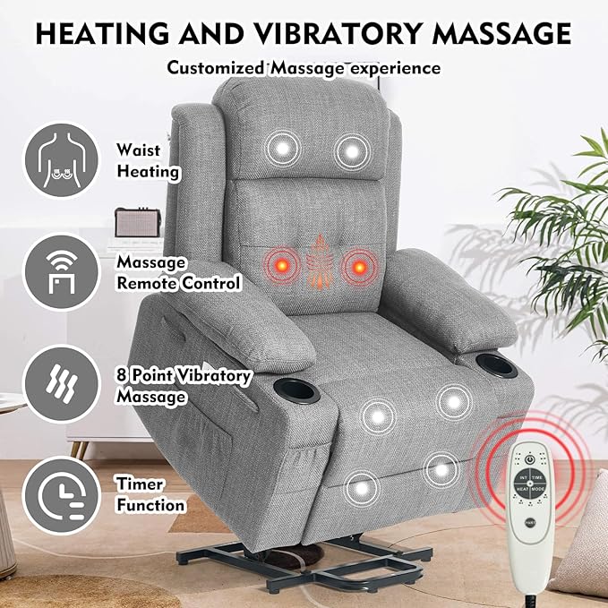 Polar Aurora Power Lift Chair for ElderlyElectric Recliner Chair with Heating and Vibrating MassageLiving Room Chair with Adjustable BackThickened armrestUSB Ports2 Cup HoldersGray