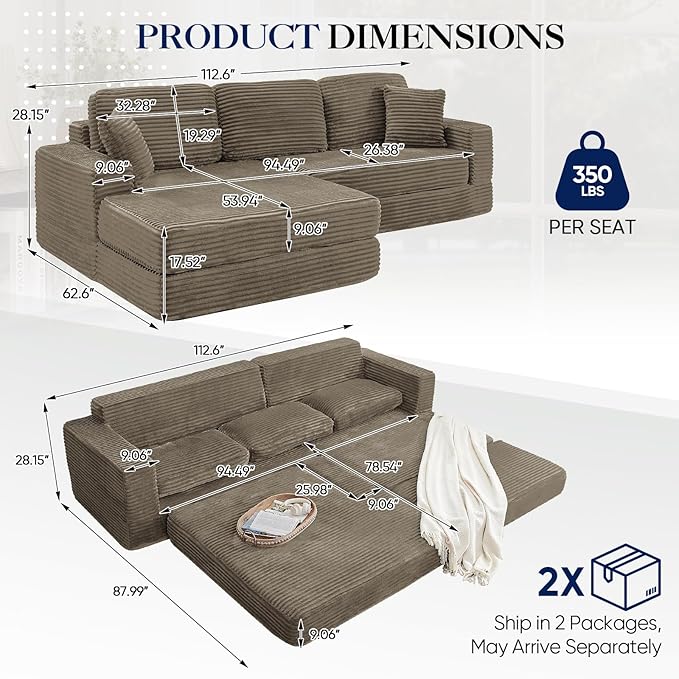 112.6” Modular Sectional Sofa Oversized Cloud L Shaped Couch Comfy Upholstered Corduroy Compressed Sofa with Left Facing Chaise and Wide Arms Fluffy Boneless Sofa Bed for Living Room Office Brown