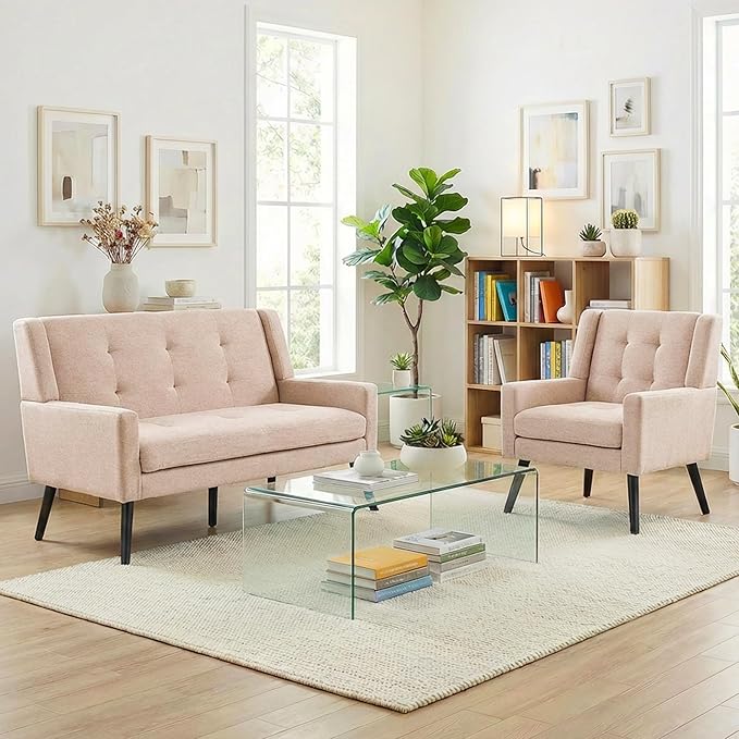 Mid-Century Modern 47 Small Loveseat &amp Accent Chair Combo Set Plush Linen Fabric with Button Tufted High Back &amp Solid Wood Legs for Apartment Living Room Bedroom Home Office (Beige 2-Pie