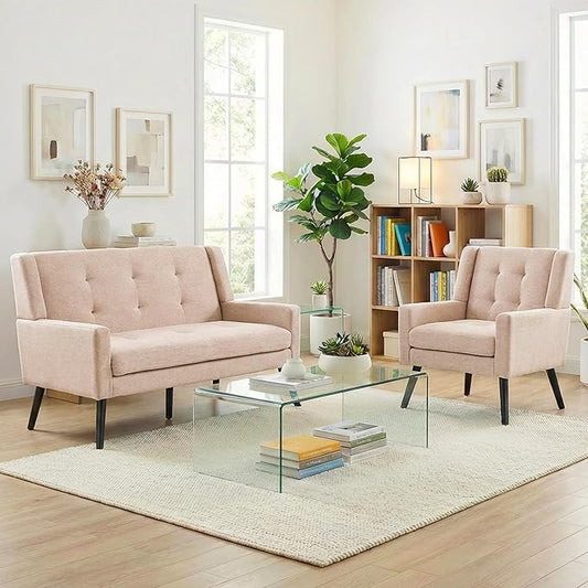 Mid-Century Modern 47 Small Loveseat &amp Accent Chair Combo Set Plush Linen Fabric with Button Tufted High Back &amp Solid Wood Legs for Apartment Living Room Bedroom Home Office (Beige 2-Pie