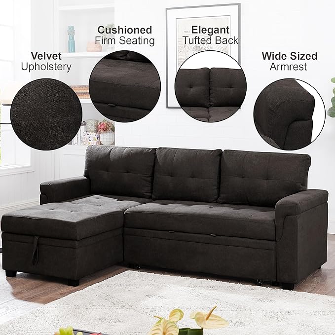 Naomi Home L Shaped Sectional Couch with Storage &amp Pull Out Bed – 3-in-1 Convertible Sleeper Sofa Bed Small L Shape Sofa for Living Room Sofa Bed with Storage Chaise in Espresso Velvet