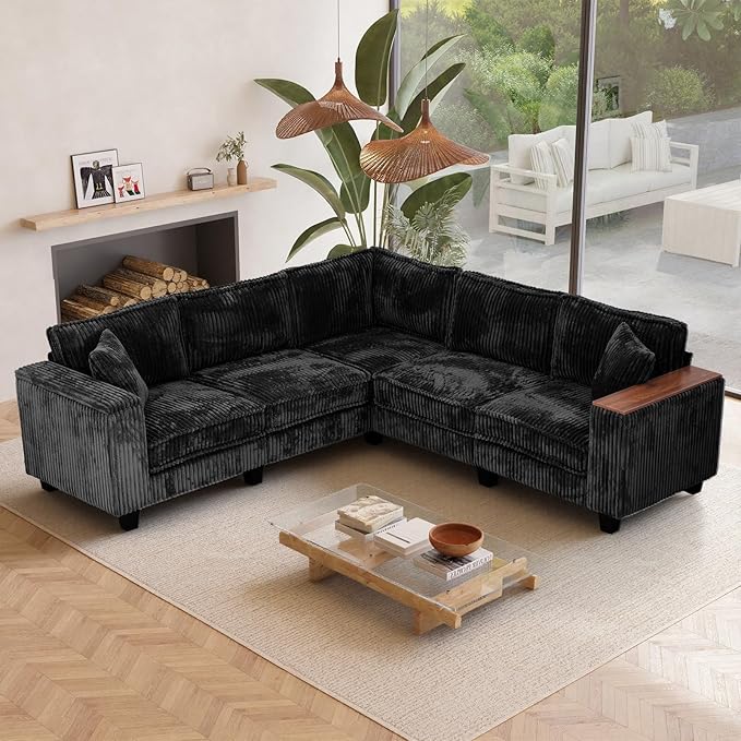 97 Inches Corduroy Couch with 2 Pillows Deep Seat Sectional Sofa Armrests with Two Hidden Storage Space Corner Couch Oversized L Shaped Cloud Couches for Living Room Black