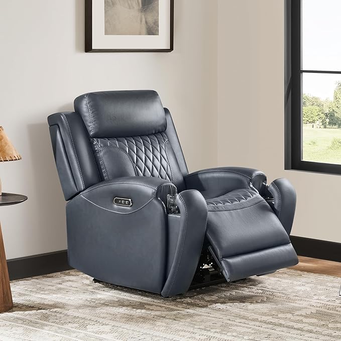 CHITA Genuine Leather Recliner Chair for Adults with Adjustable Power Headrest Lay Flat Power Recliner with Slide-Out Cupholders &amp USB/Type-C Ports Living Room Chair Navy Blue