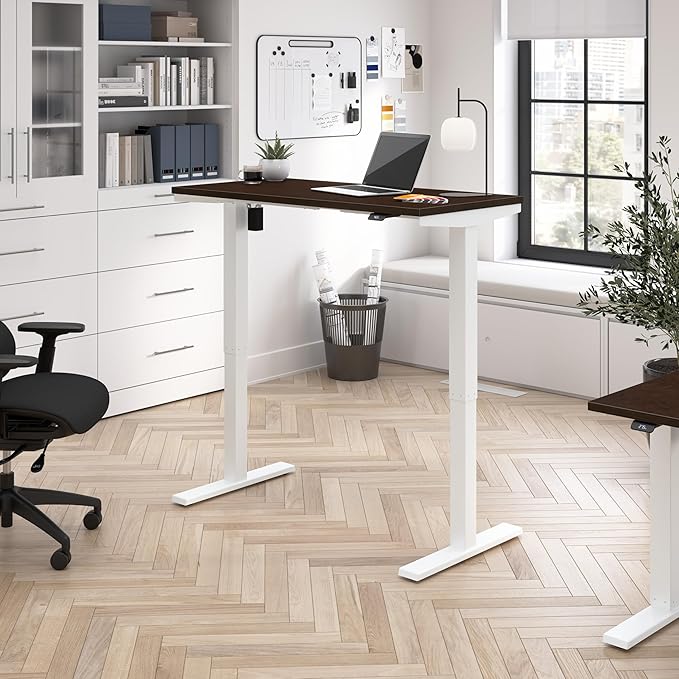 Bush Business Furniture 48-inch Electric Height Adjustable Standing Desk Ergonomic Sit-Stand Computer Table for Home and Professional Office Move 40 Series Mocha Cherry with White Base