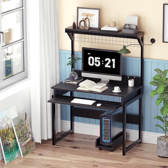 Gaming Computer Desk with Storage Shelves &amp Keyboard Tray 31.5 inch Desk for Small Spaces Home Office Desk with Host Rack for Living Room Study Room (Black)
