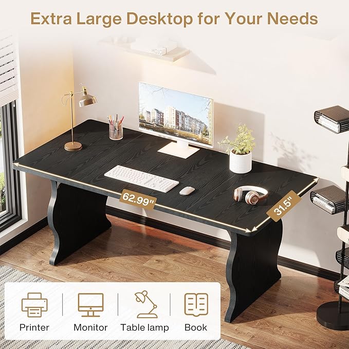Tribesigns 63 Large Desk for Home Office Spacious Executive Computer Desk with Ample Leg Room Double PC Gaming Writing Table Study Desk with Sturdy Legs Black