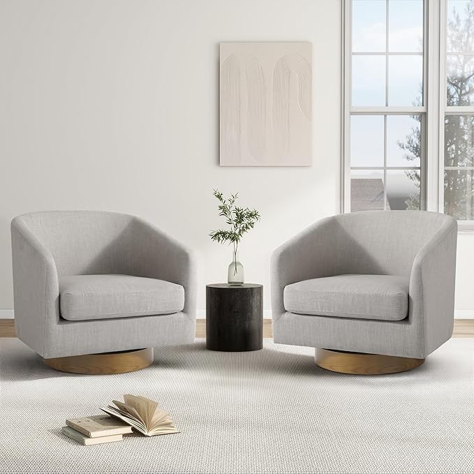 Swivel Barrel Chair Modern Round PU Leather Accent Armchair for Living Room Bedroom Oversized Comfy Club Reading Chairs for Adults (Fabric Khaki Set of 2)