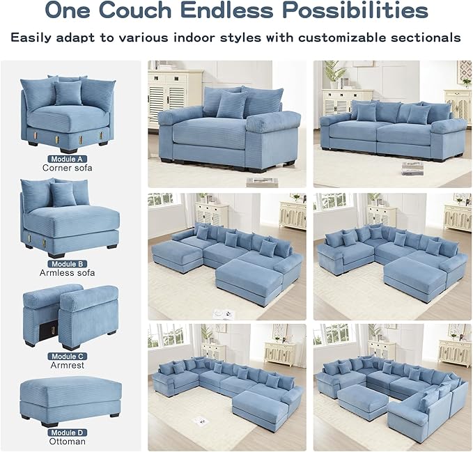 92.4 Oversized Modular Sectional Sofa Corduroy Large Sectional Couches for Living Room Love Seat Couches with 1 Movable Ottoman Modern Deep Seat Sofa Set L Shaped Blue