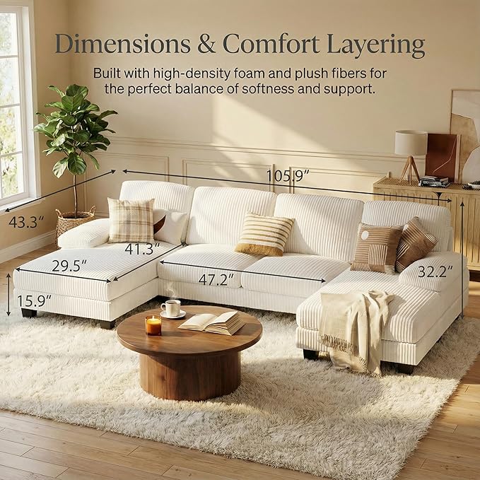 Homall Modular Sectional U Shaped Sofa Couches for Living Room Comfy Chenille 4 Seat Sofa Set with Removable Pillows Lounge Chaise Upholstered Couch for Apartment (Corduroy Beige)