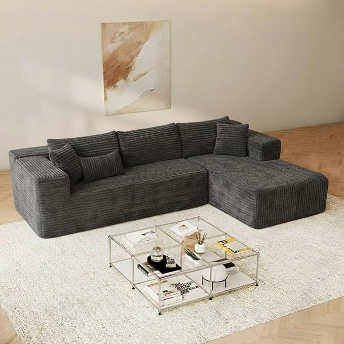 FUFU&ampGAGA 105.9” Modular Sectional Sofa with Chaise L-Shape Corduroy Cloud Couch with Pillows Modern Boneless Sofa for Living Room Apartment No Assembly Required Grey 105.9”W x 68.9”D x 26.4”