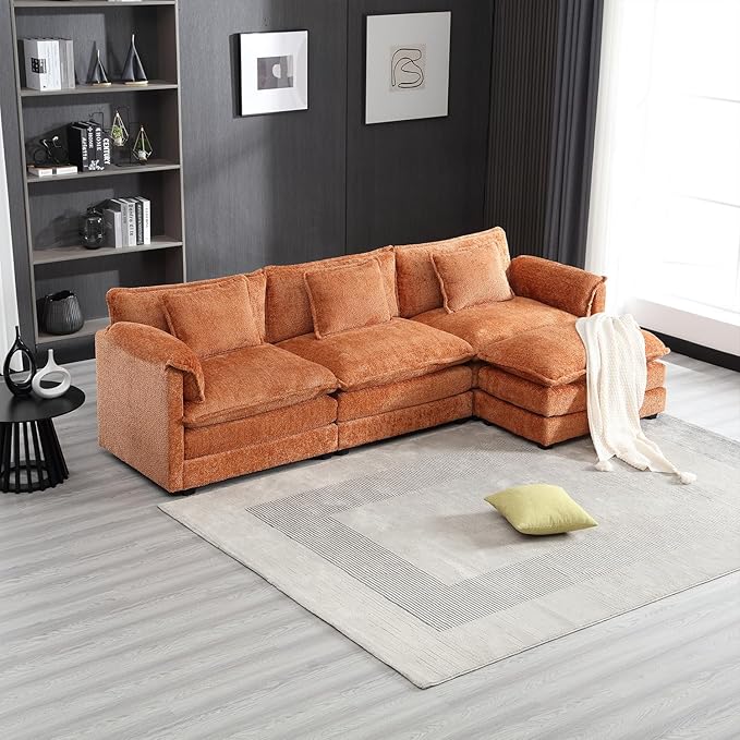 kevinplus 112'' Sectional Sofa Couch with Convertible Ottoman for Living Room Modern Contemporary 3-Seat L-Shape Sofa Couch for Apartment Home Office Thick Cushion &amp Boucle Fabric Orange