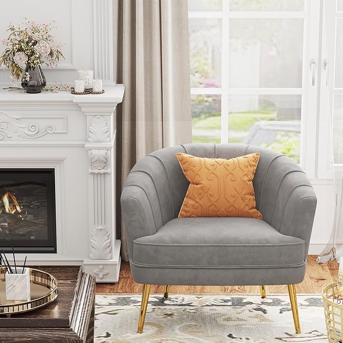 Velvet Accent Chair for Living Room Bedroom Office - Upholstered Single Sofa Arm Chair With Metal Legs Comfy for Reading Leisure Club Coffee - Grey