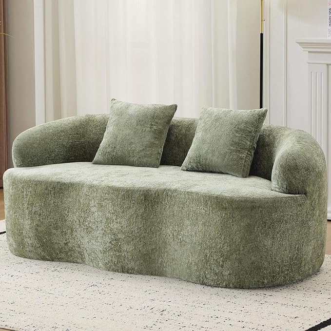 67 Curved Loveseat Sofa with 2 Pillows Boneless Curved Couch with Round Armrest Cloud Sofa for Living Room Bedroom Small Spaces Teddy Modern Compressed No Assembly (Antique Green)