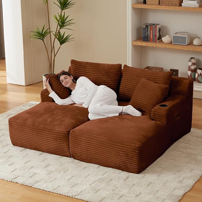 Double Chaise Lounge Sofa Boneless Cloud Couch Bed with Cup Holders and Side Pockets Comfy Deep Seat Sleeper Sectional Loveseat Chair for Living Room (Orange 2 Seat)