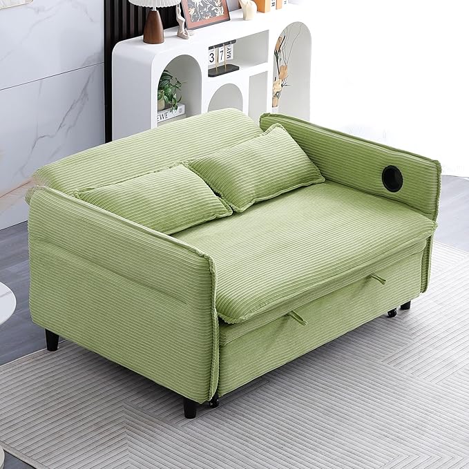 3 in 1 Convertible Sleeper Sofa Bed Loveseat Sleeper 65” Pull Out Couch Adjustable Armrest and Backrest with 2 Pillows for Living Room Bedroom (Green)