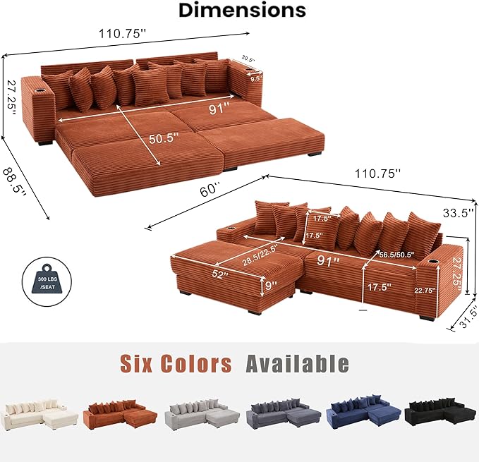 111 Inch Sleeper Sofa Bed | Convertible Cloud Sectional Couches for Living Room | L-Shaped Couch with Cup Holder Side Pocket 8 Pillpws | Orange
