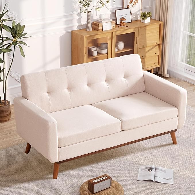 Kingfun 65 W Loveseat Sofa Mid Century Modern Decor Love Seat Couches for Living Room Button Tufted Upholstered Furniture Solid &amp Easy to Install Small Couch for Bedroom Office ApartmentOatme
