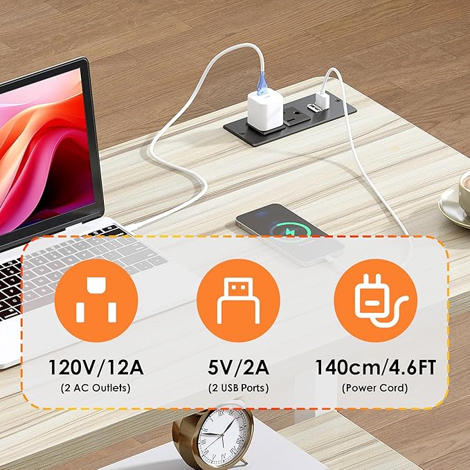soges Height Adjustable Desk with Charging Station Mobile Computer Workstation with 2 Storage Shelves Small Rolling Desk on Wheels for Home Office Maple