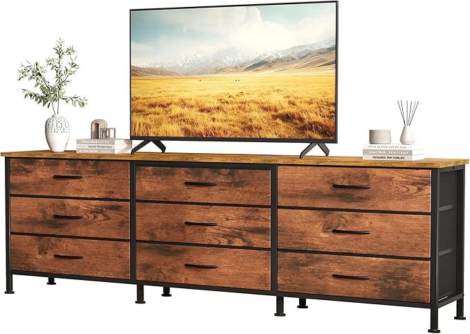 DUMOS TV Stands for Living Room Furniture with 9 Fabric Drawers Long Entertainment Center Up to 75 Inch TV Media Console Table with Storage for Bedroom Adjustable Feet Rust.