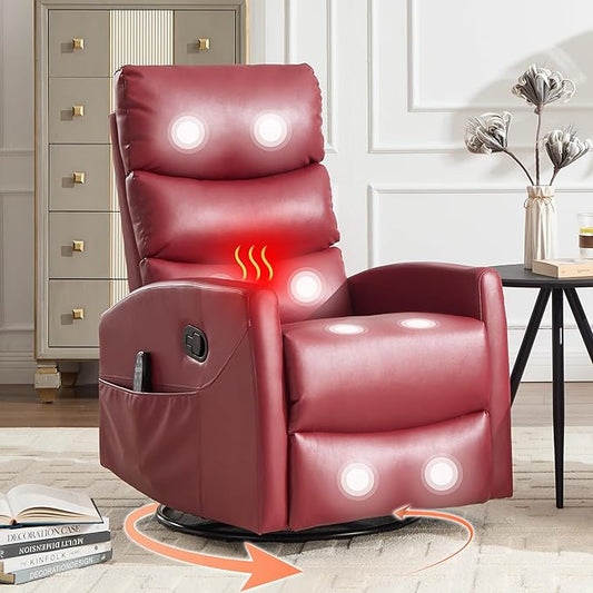 Luxlen Manual Swivel Rocker Recliner Chair with Massage Overstuffed Recliner Glider with Vibration Massage and Heat for Nursery Living Room Reclining Sofa Chair PU Leather Red