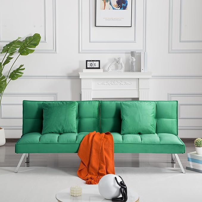 68 Modern Futon Sofa BedConvertible Sleeper Bed Couch with 4 Reclining Backrest with 2 PillowsComfy Velvet Cloud Sofa Loveseat for Living Room Bedroom Office (Green)