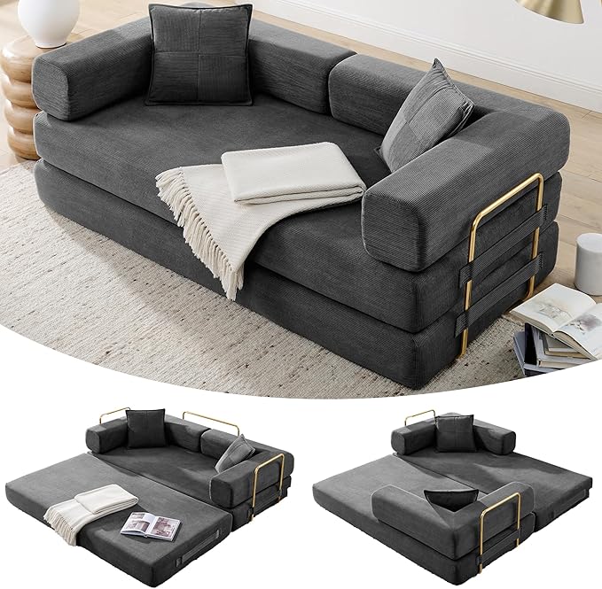 4-in-1 Folding Convertible Floor Sofa Bed 78 Oversized Compression Sofa No Assembly Required King Futon Lazy Couch Corduroy Loveseat Sleeper with Pull Out Bed Modular Futon Couch