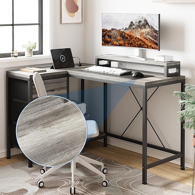 L Shaped Desk with Power Outlets &amp LED Lights Computer Desk with Drawers &amp Shelves Corner Desk Gaming Desk Home Office Desk Oak